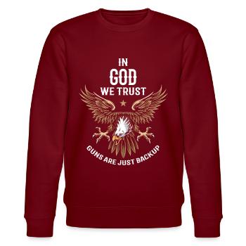 In God, we trust, weapons are just backup - Stanley/Stella CHANGER Unisex Organic Sweatshirt - burgundy - Front - Nik (191cm) & Marisol (170cm)