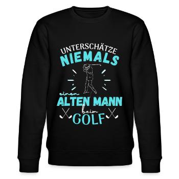 UNTERSCHÄTZE NIEMALS EINEN ALTEN MANN BEIM GOLF! - Stanley/Stella Unisex Bio-Sweatshirt CHANGER  - Schwarz - Vorne - Nik (191cm) & Marisol (170cm)