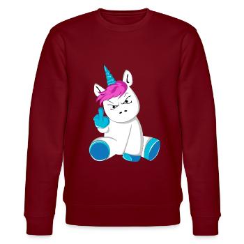 Unicorn Angry Disgusted Stinky Finger - Stanley/Stella CHANGER Unisex Organic Sweatshirt - burgundy - Front - Nik (191cm) & Marisol (170cm)