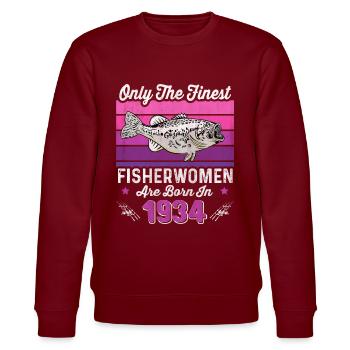 Fisherwomen Born 1934 for angler 89th birthday - Stanley/Stella CHANGER Unisex Organic Sweatshirt - burgundy - Front - Nik (191cm) & Marisol (170cm)