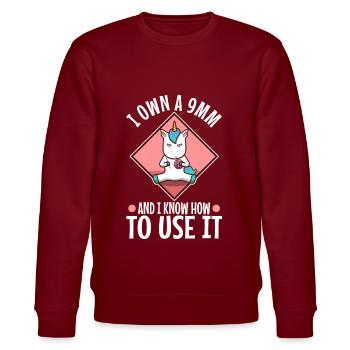 I Own A 9mm And I Know How To Use It - Stanley/Stella CHANGER Unisex Organic Sweatshirt - burgundy - Front - Nik (191cm) & Marisol (170cm)