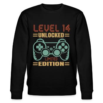 Geburtstag Level 14 freigeschaltet - Stanley/Stella Unisex Bio-Sweatshirt CHANGER  - Schwarz - Vorne - Nik (191cm) & Marisol (170cm)