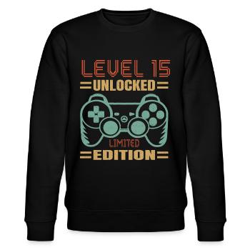 Geburtstag Level 15 freigeschaltet - Stanley/Stella Unisex Bio-Sweatshirt CHANGER  - Schwarz - Vorne - Nik (191cm) & Marisol (170cm)