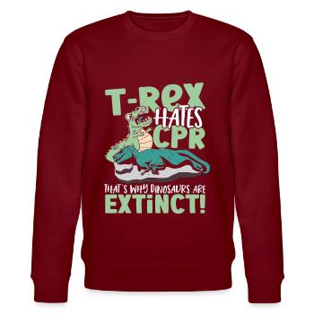 T-Rex hasst HLW Deshalb sind Dinosaurier - Stanley/Stella Unisex Bio-Sweatshirt CHANGER  - Burgunderrot - Vorne - Nik (191cm) & Marisol (170cm)