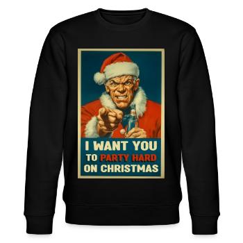 Vintage Santa Poster: Party Weihnachten - Stanley/Stella Unisex Bio-Sweatshirt CHANGER  - Schwarz - Vorne - Nik (191cm) & Marisol (170cm)