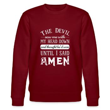 Christian Prayer Devil Wrong Head Down Amen God - Stanley/Stella CHANGER Unisex Organic Sweatshirt - burgundy - Front - Nik (191cm) & Marisol (170cm)