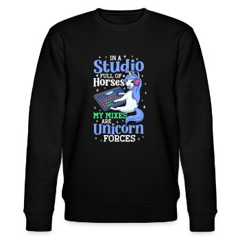 Unicorn Forces at the Mixing Desk - Sound Engineer - Stanley/Stella CHANGER Unisex Organic Sweatshirt - black - Front - Nik (191cm) & Marisol (170cm)