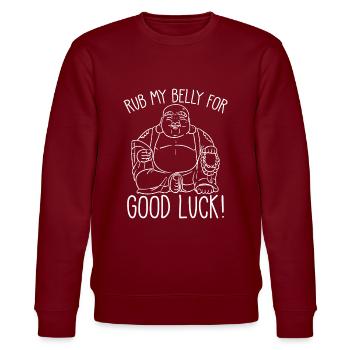 Happy Buddha reib meinen Bauch für viel Glück - Stanley/Stella Unisex Bio-Sweatshirt CHANGER  - Burgunderrot - Vorne - Nik (191cm) & Marisol (170cm)