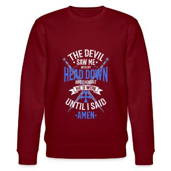 The Devil Saw Me With My Head Down White / Blue - Stanley/Stella CHANGER Unisex Organic Sweatshirt - burgundy - Front - Nik (191cm) & Marisol (170cm)