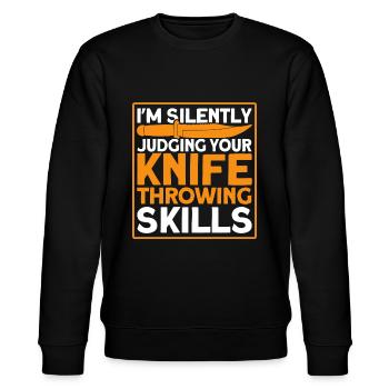 Messerwurfscheibe Geschenk Messerwerfer - Stanley/Stella Unisex Bio-Sweatshirt CHANGER  - Schwarz - Vorne - Nik (191cm) & Marisol (170cm)