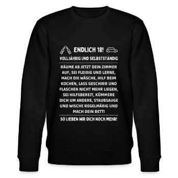 Endlich 18 lustiger Spruch - Stanley/Stella Unisex Bio-Sweatshirt CHANGER  - Schwarz - Vorne - Nik (191cm) & Marisol (170cm)