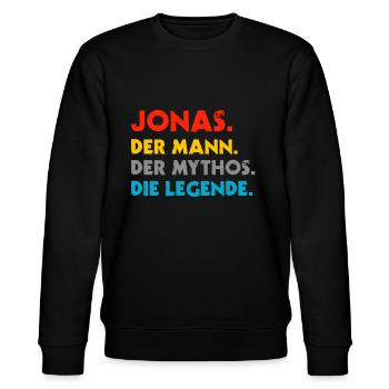 Jonas Vorname Name Geschenk - Stanley/Stella Unisex Bio-Sweatshirt CHANGER  - Schwarz - Vorne - Nik (191cm) & Marisol (170cm)