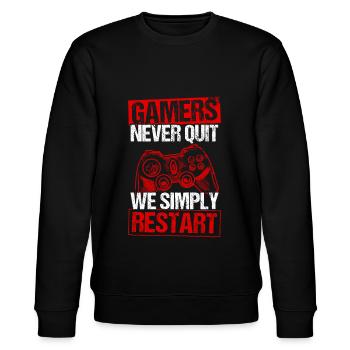 Gamers Never Quit - We Simply Restart Gaming Gamer - Stanley/Stella Unisex Bio-Sweatshirt CHANGER  - Schwarz - Vorne - Nik (191cm) & Marisol (170cm)