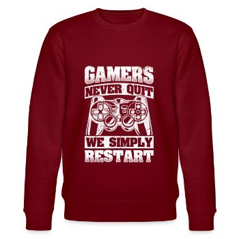 Gamers Never Quit - We Simply Restart Gaming Gamer - Stanley/Stella Unisex Bio-Sweatshirt CHANGER  - Burgunderrot - Vorne - Nik (191cm) & Marisol (170cm)
