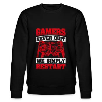 Gamers Never Quit - We Simply Restart Gaming Gamer - Stanley/Stella Unisex Bio-Sweatshirt CHANGER  - Schwarz - Vorne - Nik (191cm) & Marisol (170cm)