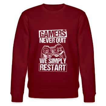 Gamers Never Quit - We Simply Restart Gaming Gamer - Stanley/Stella Unisex Bio-Sweatshirt CHANGER  - Burgunderrot - Vorne - Nik (191cm) & Marisol (170cm)
