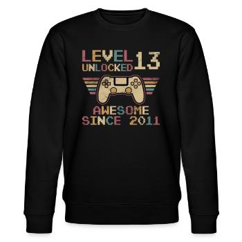 Original 2011 13 Jahre Level 13 Freischaltung - Stanley/Stella Unisex Bio-Sweatshirt CHANGER  - Schwarz - Vorne - Nik (191cm) & Marisol (170cm)