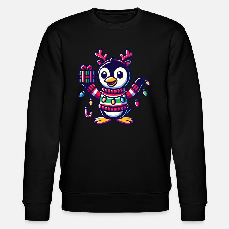 Fröhlicher Pinguin Mit Weihnachtslichtern - Stanley/Stella Unisex Bio-Sweatshirt CHANGER  - Schwarz