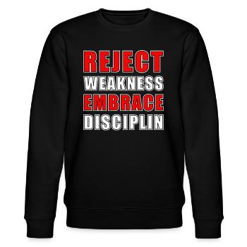 Reject Weakness Embrace Disciplin Sigma Male - Stanley/Stella Unisex Bio-Sweatshirt CHANGER  - Schwarz - Vorne - Nik (191cm) & Marisol (170cm)