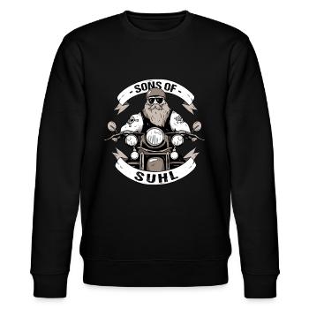 Sons Of Suhl Thüringen Schwalbe S51 Moped Ostmoped - Stanley/Stella Unisex Bio-Sweatshirt CHANGER  - Schwarz - Vorne - Nik (191cm) & Marisol (170cm)