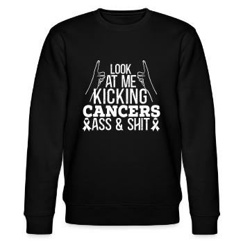 Lung Cancer Kicking Your Butt - Stanley/Stella CHANGER Unisex Organic Sweatshirt - black - Front - Nik (191cm) & Marisol (170cm)