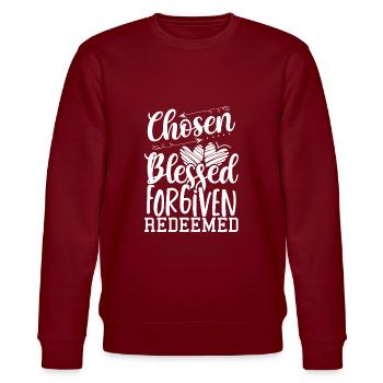 Christliches Geschenk auserwählt Selig Vergeben Erlöst - Stanley/Stella Unisex Bio-Sweatshirt CHANGER  - Burgunderrot - Vorne - Nik (191cm) & Marisol (170cm)