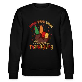 Dankbar Dankbar Gesegnetes Thanksgiving T-Shirt - Stanley/Stella Unisex Bio-Sweatshirt CHANGER  - Schwarz - Vorne - Nik (191cm) & Marisol (170cm)
