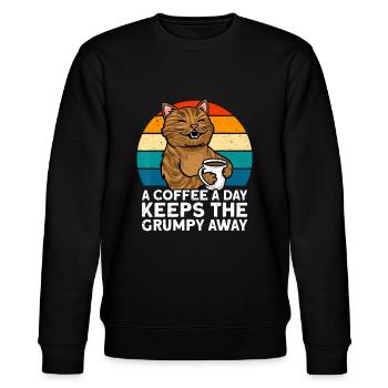 Funny Coffee Tshirt, Coffee Lover Shirt, Cute Cat - Stanley/Stella CHANGER Unisex Organic Sweatshirt - black - Front - Nik (191cm) & Marisol (170cm)