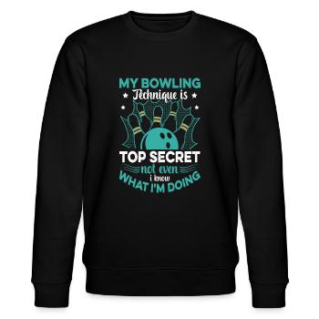 Bowler Meine Bowling-Technik ist streng geheim lustig Bo - Stanley/Stella Unisex Bio-Sweatshirt CHANGER  - Schwarz - Vorne - Nik (191cm) & Marisol (170cm)