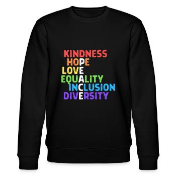 Freundlichkeit, Frieden, Gleichheit, Inklusion, Vielfalt, Menschlichkeit - Stanley/Stella Unisex Bio-Sweatshirt CHANGER  - Schwarz - Vorne - Nik (191cm) & Marisol (170cm)