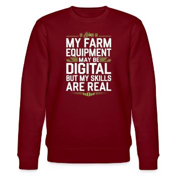 Farming Simulator Virtual Farming Game Fan Farm - Stanley/Stella Unisex Bio-Sweatshirt CHANGER  - Burgunderrot - Vorne - Nik (191cm) & Marisol (170cm)