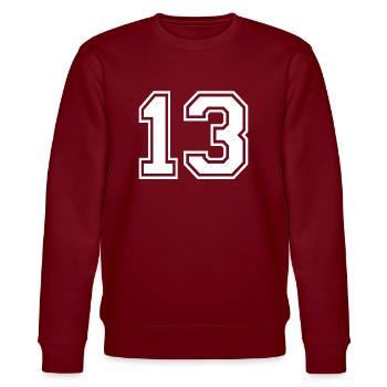 13 - AMERICAN FOOTBALL - Trikot Shirt Motiv - Stanley/Stella Unisex Bio-Sweatshirt CHANGER  - Burgunderrot - Vorne - Nik (191cm) & Marisol (170cm)
