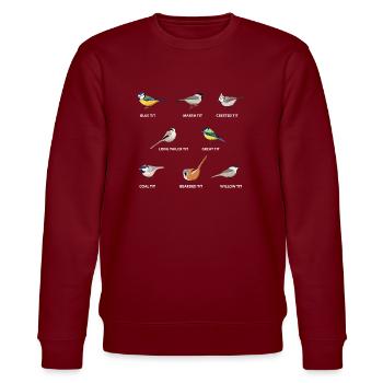 A collection of tit birds | Blue tit, great tit - Stanley/Stella CHANGER Unisex Organic Sweatshirt - burgundy - Front - Nik (191cm) & Marisol (170cm)