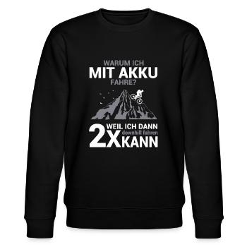 Warum ich mit Akku fahre Fahrrad MTB Radfahrer - Stanley/Stella Unisex Bio-Sweatshirt CHANGER  - Schwarz - Vorne - Nik (191cm) & Marisol (170cm)