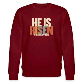 He Is Risen - Matthew 28:6 - Stanley/Stella CHANGER Unisex Organic Sweatshirt - burgundy - Front - Nik (191cm) & Marisol (170cm)