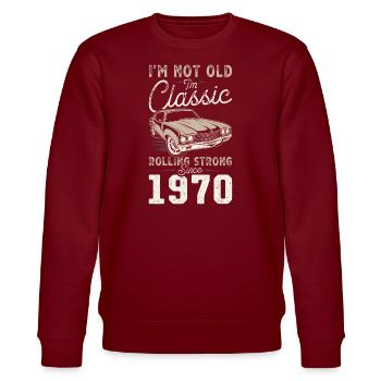 Born 1970's Birthday Classic Car - Stanley/Stella CHANGER Unisex Organic Sweatshirt - burgundy - Front - Nik (191cm) & Marisol (170cm)