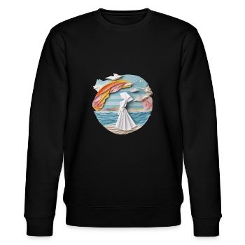 Woman on the beach in origami robe - Stanley/Stella CHANGER Unisex Organic Sweatshirt - black - Front - Nik (191cm) & Marisol (170cm)