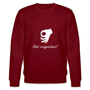 Du hast reingeschaut - Stanley/Stella Unisex Bio-Sweatshirt CHANGER  - Burgunderrot - Vorne - Nik (191cm) & Marisol (170cm)