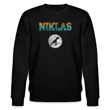 NIKLAS - Beau prénom de garçon avec dinosaure - Sweat bio CHANGER Stanley/Stella Unisexe - noir - Devant - Nik (191cm) & Marisol (170cm)