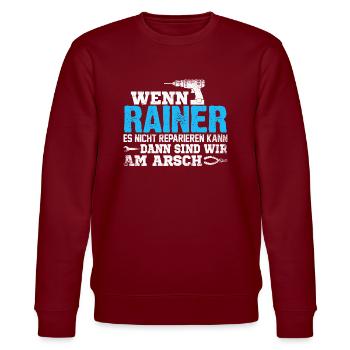 RAINER - kann es reparieren - Stanley/Stella Unisex Bio-Sweatshirt CHANGER  - Burgunderrot - Vorne - Nik (191cm) & Marisol (170cm)
