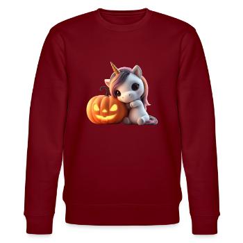 Cute unicorn leaning on pumpkin halloween - Stanley/Stella CHANGER Unisex Organic Sweatshirt - burgundy - Front - Nik (191cm) & Marisol (170cm)