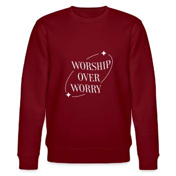 Worship Over Worry - Stanley/Stella CHANGER Unisex Organic Sweatshirt - burgundy - Front - Nik (191cm) & Marisol (170cm)