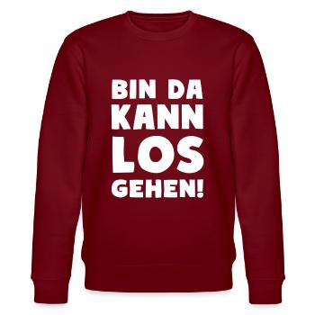 BIN DA KANN LOSGEHEN Party Motto - Stanley/Stella Unisex Bio-Sweatshirt CHANGER  - Burgunderrot - Vorne - Nik (191cm) & Marisol (170cm)