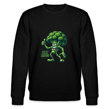 Crazy Veggies: Broccoli Bodybuilder Pro Thumbs Up - Stanley/Stella Unisex Bio-Sweatshirt CHANGER  - Schwarz - Vorne - Nik (191cm) & Marisol (170cm)