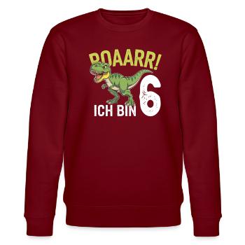 6th Birthday 6 Years Dino Dinosaur Fan - Stanley/Stella CHANGER Unisex Organic Sweatshirt - burgundy - Front - Nik (191cm) & Marisol (170cm)