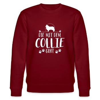 DIE MIT COLLIE Langhaar GEHT Hundespruch Wilsigns - Stanley/Stella Unisex Bio-Sweatshirt CHANGER  - Burgunderrot - Vorne - Nik (191cm) & Marisol (170cm)