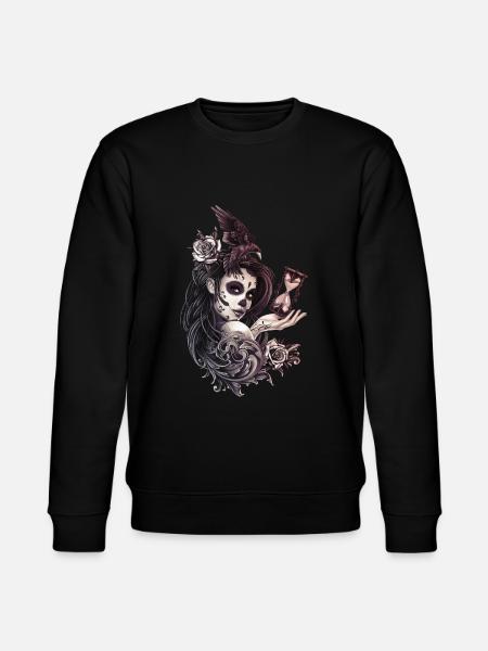 Tattoo stijl suiker schedel meisje met vogel - Stanley/Stella Uniseks bio-sweatshirt CHANGER  - zwart