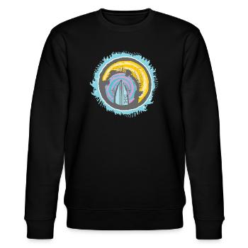 Abstraktes Surfer Motiv auf Farbiger Kulisse - Stanley/Stella Unisex Bio-Sweatshirt CHANGER  - Schwarz - Vorne - Nik (191cm) & Marisol (170cm)