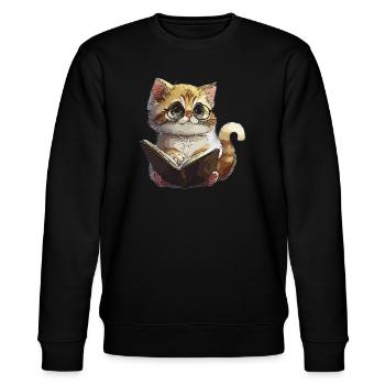 Reading Kitten with Glasses Cat Reading Cat - Stanley/Stella CHANGER Unisex Organic Sweatshirt - black - Front - Nik (191cm) & Marisol (170cm)