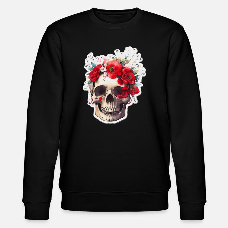 Skull with red flowers - Stanley/Stella CHANGER Unisex Organic Sweatshirt - black
